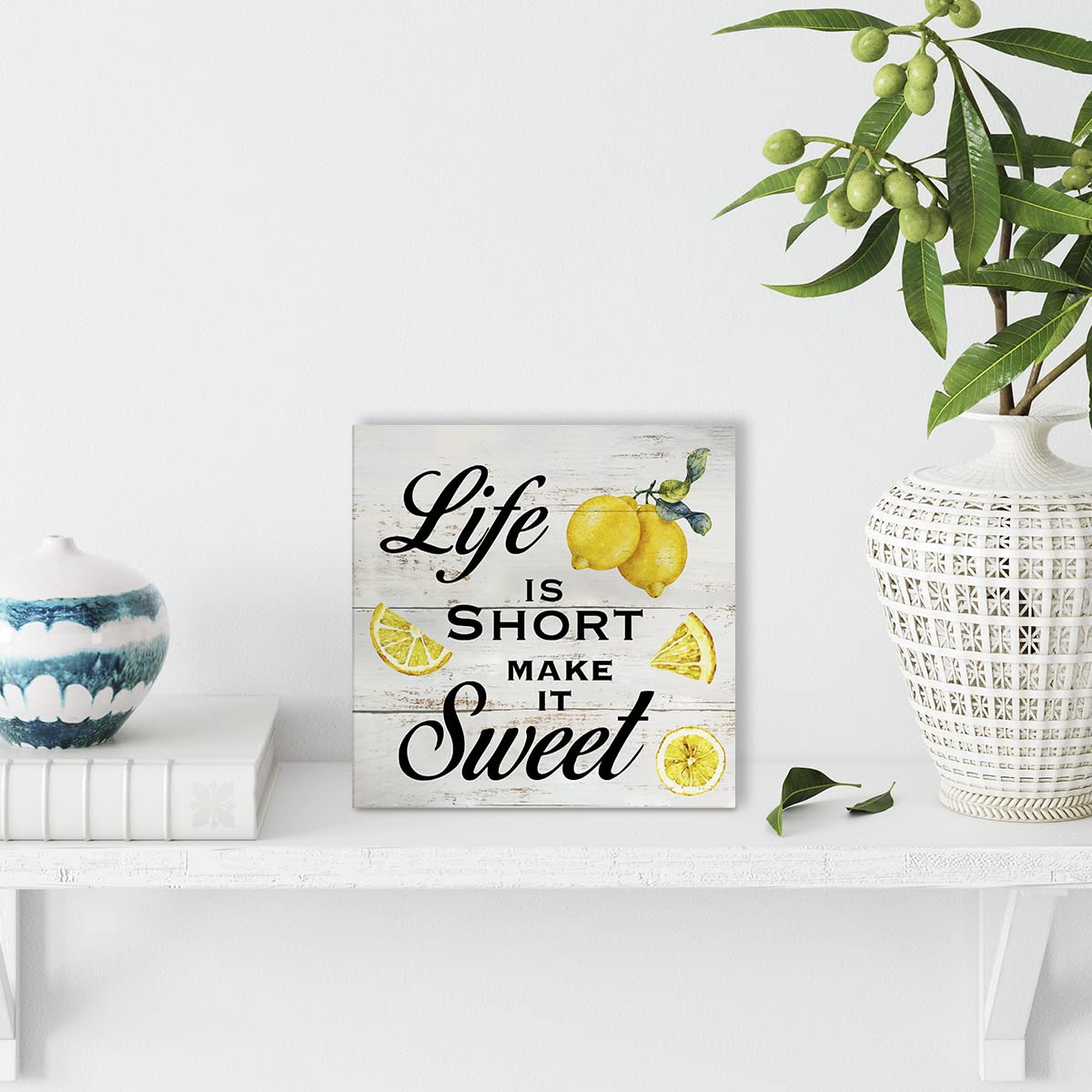Inspirational Quote Life is Short Make it Sweet Wood Box Sign Rustic Lemon Print Wooden Box Sign Farmhouse Home Kitchen Desk Shelf Decor (5 X 5 Inch)