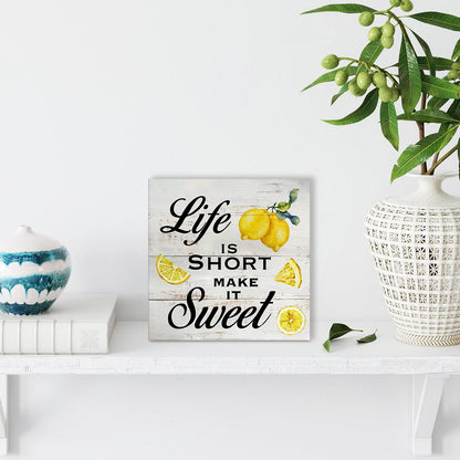Inspirational Quote Life is Short Make it Sweet Wood Box Sign Rustic Lemon Print Wooden Box Sign Farmhouse Home Kitchen Desk Shelf Decor (5 X 5 Inch)