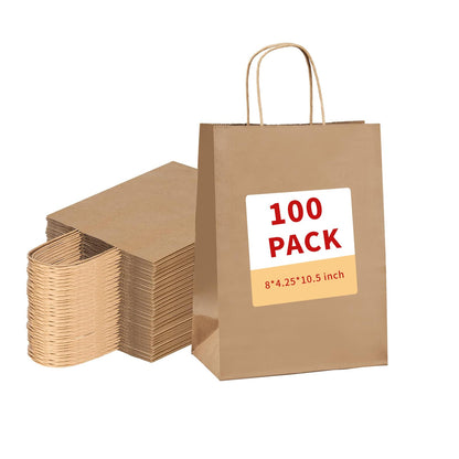 vanhel 100 Pack Brown Paper Bags with Handles,8x4.25x10.5 Inches,Gift Bags Medium Size,Gifts Bag Bulk for Festival,Birthday,Favor,Party,Shopping,Retail Merchandise.