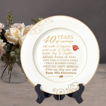 Urllinz 40th Anniversary Wedding Gifts for Wife - 40 Year Anniversaty Plate with 24k Gold Foil, Happy Decorations for Couple Parents Him Her Husband, Ceramic 9"
