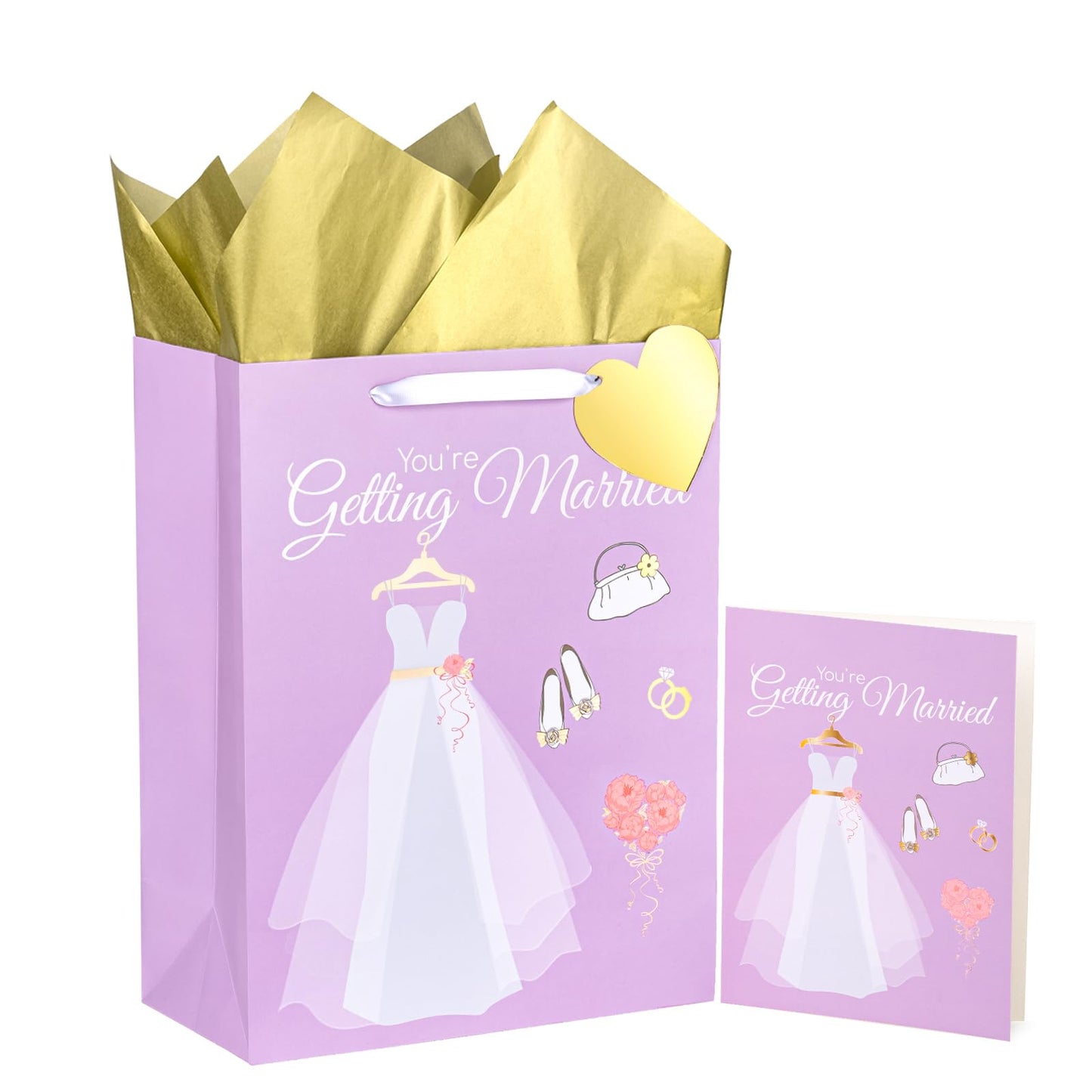 WRAPAHOLIC 13" Large Gift Bags with Card and Tissue Paper - Wedding Dress Design for Weddings, Engagements, Bridal Showers, Gift Wrap