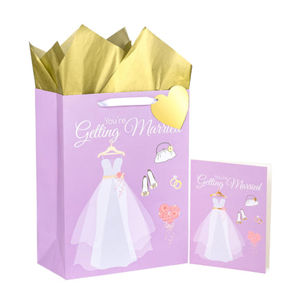WRAPAHOLIC 13" Large Gift Bags with Card and Tissue Paper - Wedding Dress Design for Weddings, Engagements, Bridal Showers, Gift Wrap