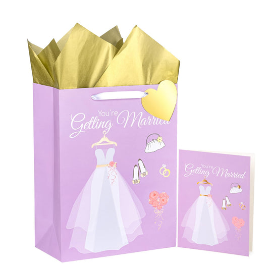 WRAPAHOLIC 13" Large Gift Bags with Card and Tissue Paper - Wedding Dress Design for Weddings, Engagements, Bridal Showers, Gift Wrap