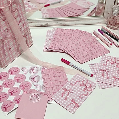 10 Pcs Pink Ribbon Bow Gift Bags with Handles, Gift Bags with Ribbons, 24 Envelopes, 2 Sticker Sheets & 1 Ribbon Roll for Coquette-Style Birthday Party Favors, Baby Shower, Wedding, Girls Tea Party, Cute Pink Goodie Bag Bulk for Treats and Gifts