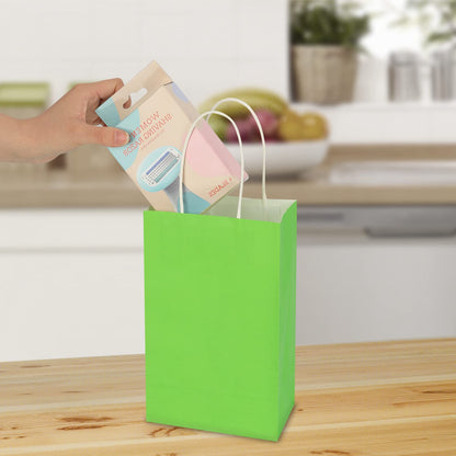 100 Pack 5.25x3.25x8.25 Inch Small Grass Green Kraft Paper Bags with Handles Bulk, Toovip Gift Wrap Bags for Favor Grocery Retail Party Birthday Shopping Business Goody Craft Merchandise Takeout Sacks