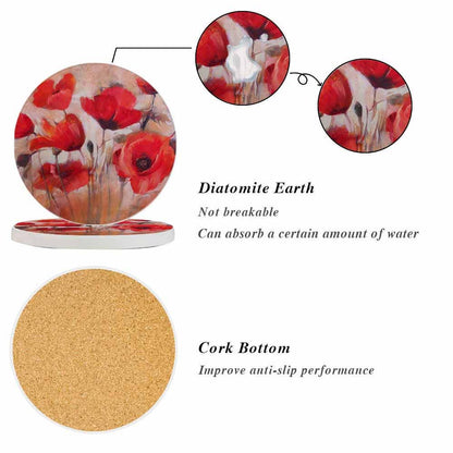 oFloral Red Poppy Flower Coasters for Drinks Art Oil Painting Cups Place Mats for Home Decor Set of 2, 4 Inch