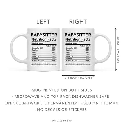 Andaz Press Funny 11oz. Ceramic Coffee Tea Mug Thank You Gift, Babysitter Nutritional Facts, 1-Pack, Novelty Gag Birthday Christmas Gift Ideas Coworker