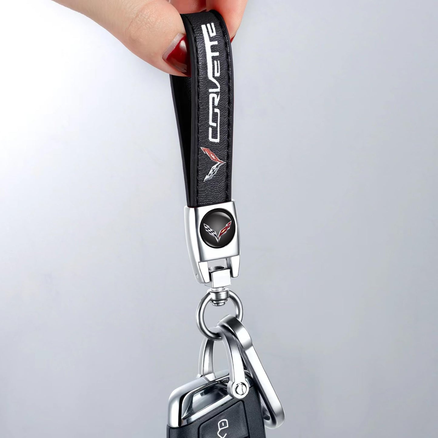 Genuine Leather Car Keychain Keyring Accessories Compatible with Corvette Series Car Keychains Family Present for Man and Woman（Black）
