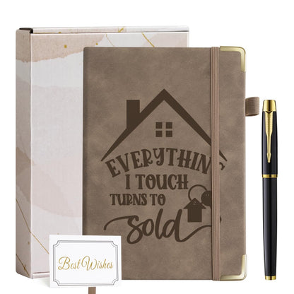 Realtor Gifts Women Men, Everything I Touch Turns to Sold Leather Journal Notebook 200 Pages A5 Lined with Inner Pocket and Pen Closing Gifts Thank You Gift for Real Estate Agent Realtor
