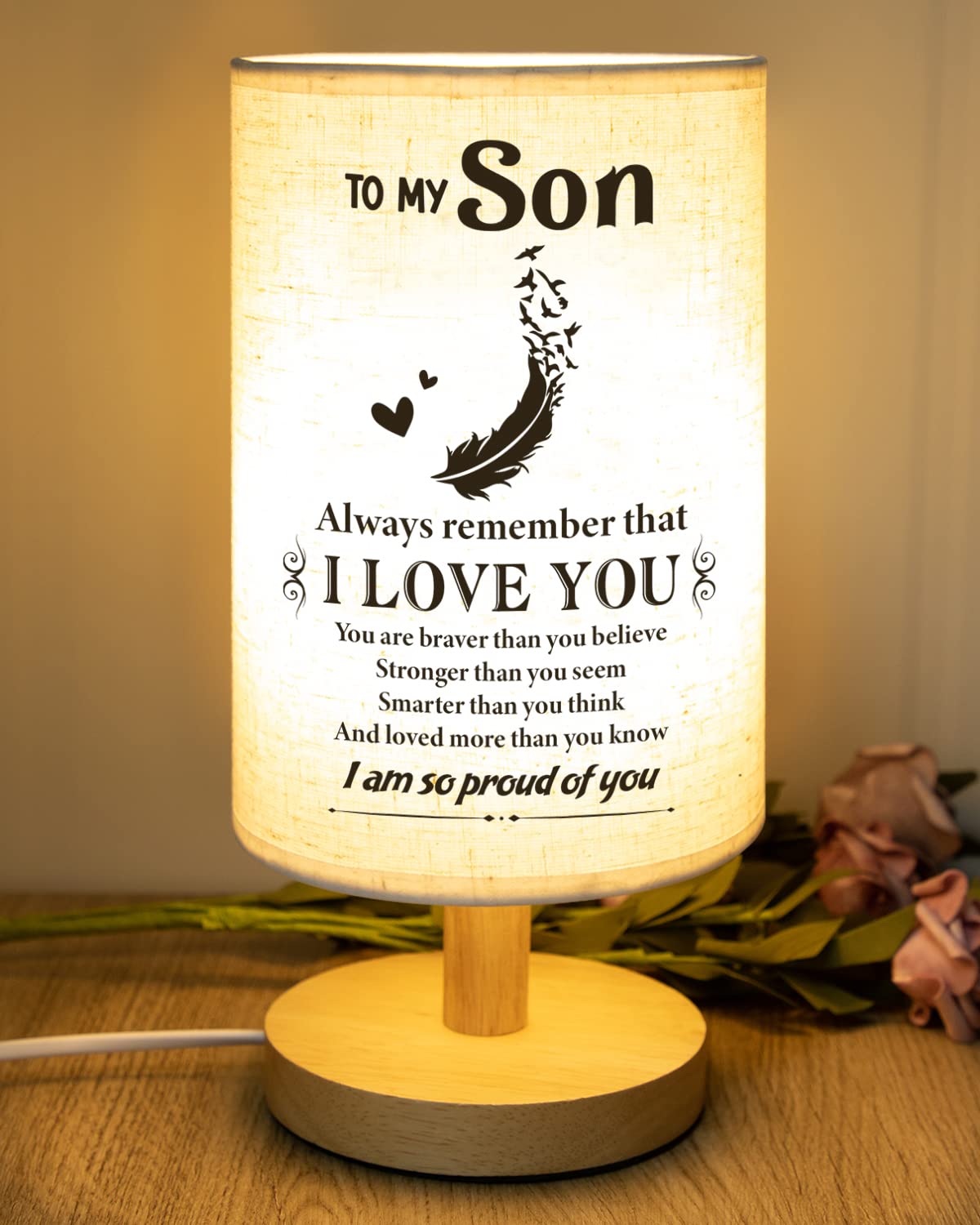 SOUHONEY Gifts for Son for Fathers Day from Mom Dad- Fabric Wooden Desk Lamp for Bedroom Living Room for Son Adult Graduation Season Gifts, Birthday Gifts, Back to School Gifts