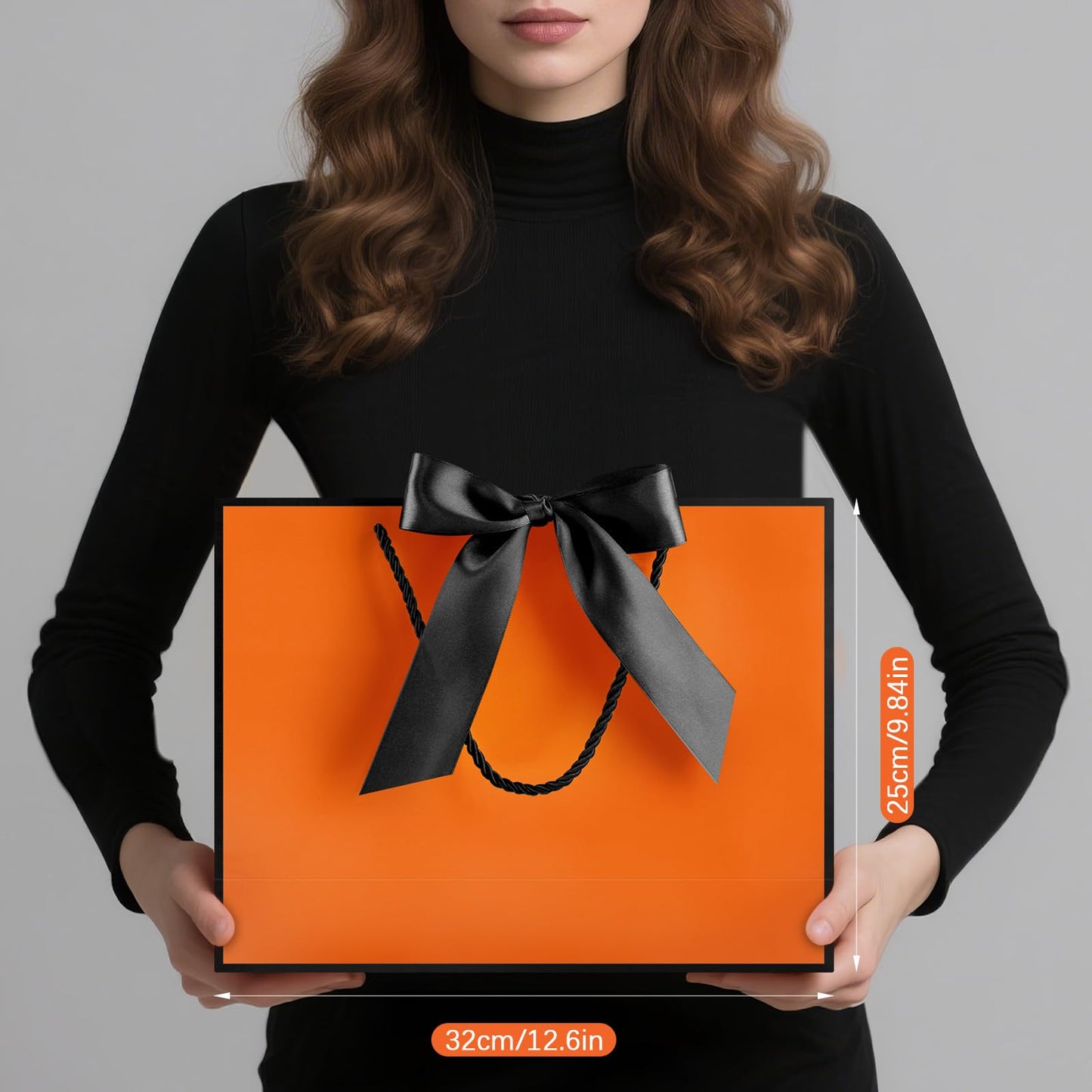 JMANNI Gift Bags with Handles, 13” Medium Gift Bag for Presents, 1 Pcs Bags with 2 Tissue Paper and 1 Cards for Graduation Baby Shower Wedding Fathers Day Mother's Day Birthday Party (Orange-Black