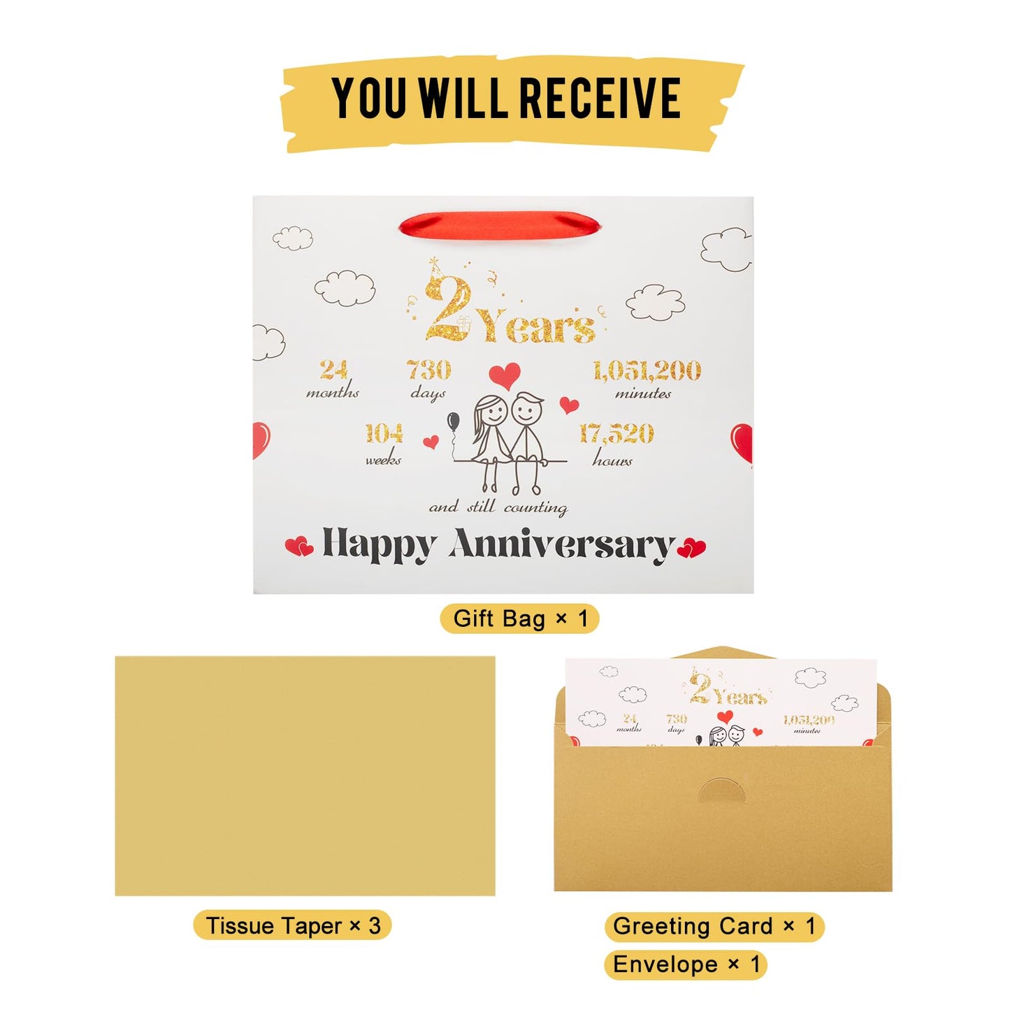 bigniuzi 2nd Anniversary Paper Gift Bag with Tissue Paper and Greeting Card 2 Year Anniversary Paper Gift Bag for Him Her Husband Wife Boyfriend Girlfriend