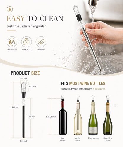 Wine Chiller, 3-in-1 Stainless Steel Wine Bottle Cooler Stick - Rapid Iceless Wine Chilling Rod with Aerator and Pourer - The Best Wine Accessories Gift
