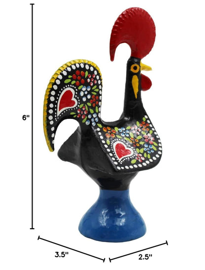 6" Traditional Hand-Painted Portuguese Good Luck Rooster Galo Barcelos Metal Figurine - Made in Portugal, Symbol of Good Luck & Prosperity - Collectible Souvenir (Black)