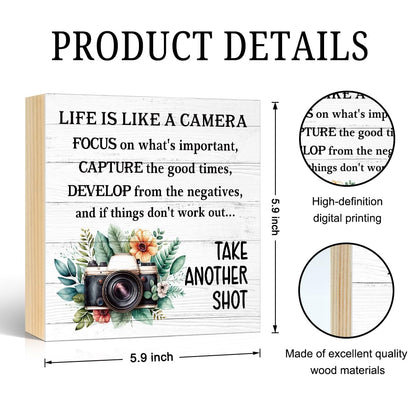 Life Is Like A Camera Wooden Box Sign, Photographer Gifts for Women, Motivational Photography Gifts for Photographer, Wood Sign Gifts Decor for Home Coffee House Bar Party