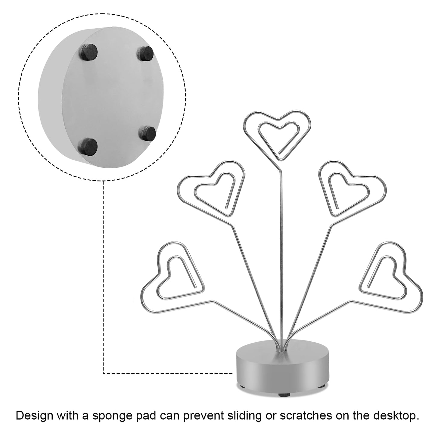 Desktop Heart-Shaped Photo Tree Style Holders Round Base,5-Branch Family Picture Frame Clips Holder Desk Card Display Stand for Christmas,Wedding, Birthday Party,Gift Silver