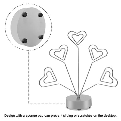 Desktop Heart-Shaped Photo Tree Style Holders Round Base,5-Branch Family Picture Frame Clips Holder Desk Card Display Stand for Christmas,Wedding, Birthday Party,Gift Silver
