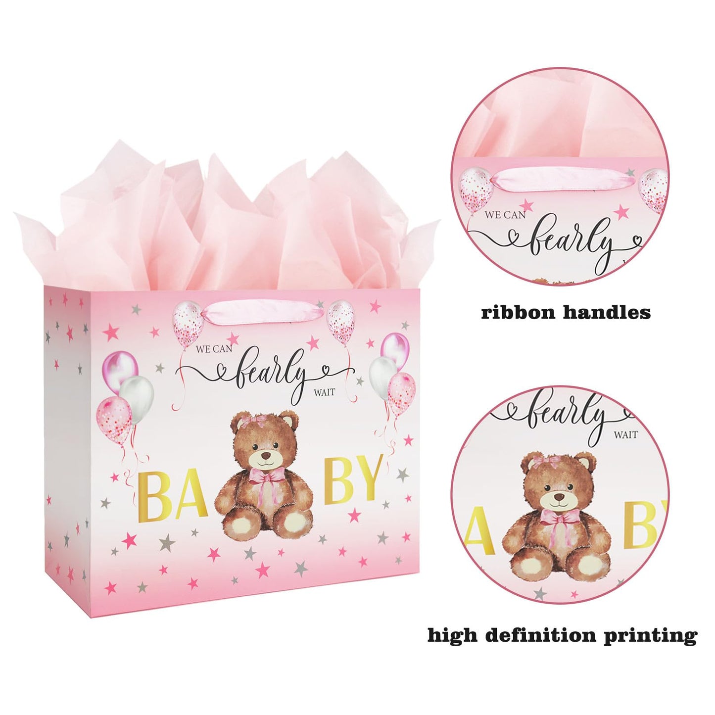 Laidans 13" Baby Shower Birthday Gift Bag for Girl with Tissue Papers and Card Pink Balloons Bear Design with Handles (Pink)