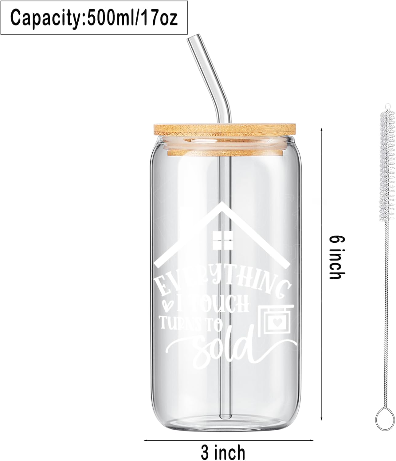 Realtor Gifts for Women, Closing Gift for Realtors, Gifts for Real Estate Agents, Everything I Touch Turns to Sold - 17 Oz Drinking Glass Iced Can Glass Cup with Bamboo Lid and Straw