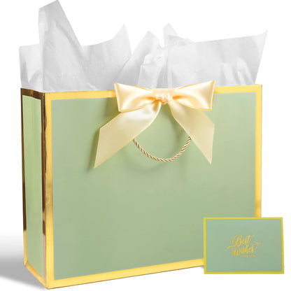 Plauthus Sage Green Gift Bag with Ribbon, 13" Large Gift Bag with Handle, Greeting Card & 2 Tissue Paper（Gold Foil Frame） for Baby, Baby Shower, Weddings, Bridal Showers, Engagements, Any Occasion