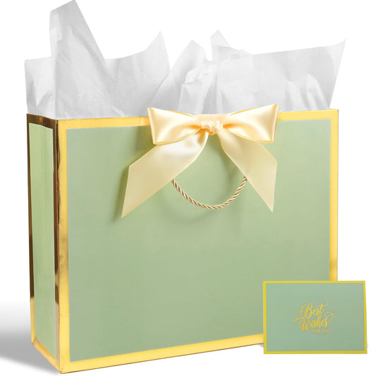 Plauthus Sage Green Gift Bag with Ribbon, 13" Large Gift Bag with Handle, Greeting Card & 2 Tissue Paper（Gold Foil Frame） for Baby, Baby Shower, Weddings, Bridal Showers, Engagements, Any Occasion