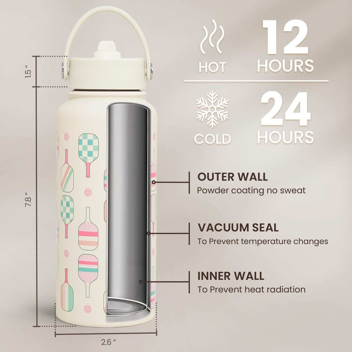 SANDJEST Pickleball Water Bottle 32oz Stainless Steel Insulated Vaccum with Lid, Pickleball Gifts for Pickleball Players, Pickleball Lovers, Women Girls Ladies