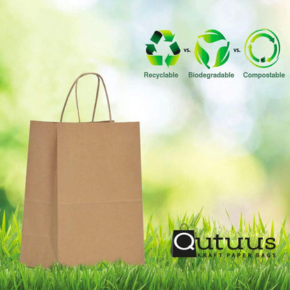 Qutuus Kraft Paper Gift Bags with Handles 8x4.5x10 25Pcs Brown Gift Bags Bulk Medium Size Small Business Bags, Party Bags, Retail Kraft Shopping Bags