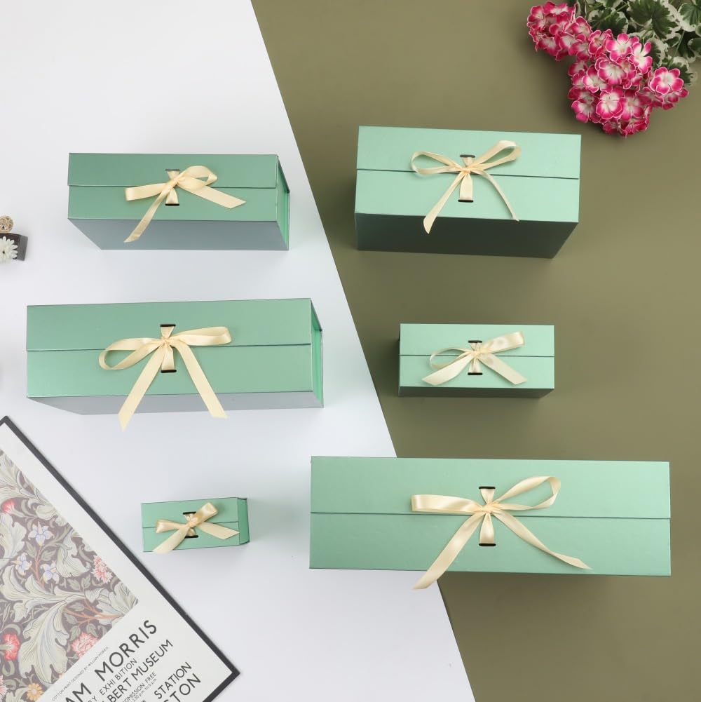 BoxSkivra Green Gift Box with Ribbon 1 Pack 6X6X3 Inch Small Gift Box with Lid Magnetic Closure Rectangle Collapsible Luxury Gift Boxes for Presents 、Shredded Paper Filler & Card