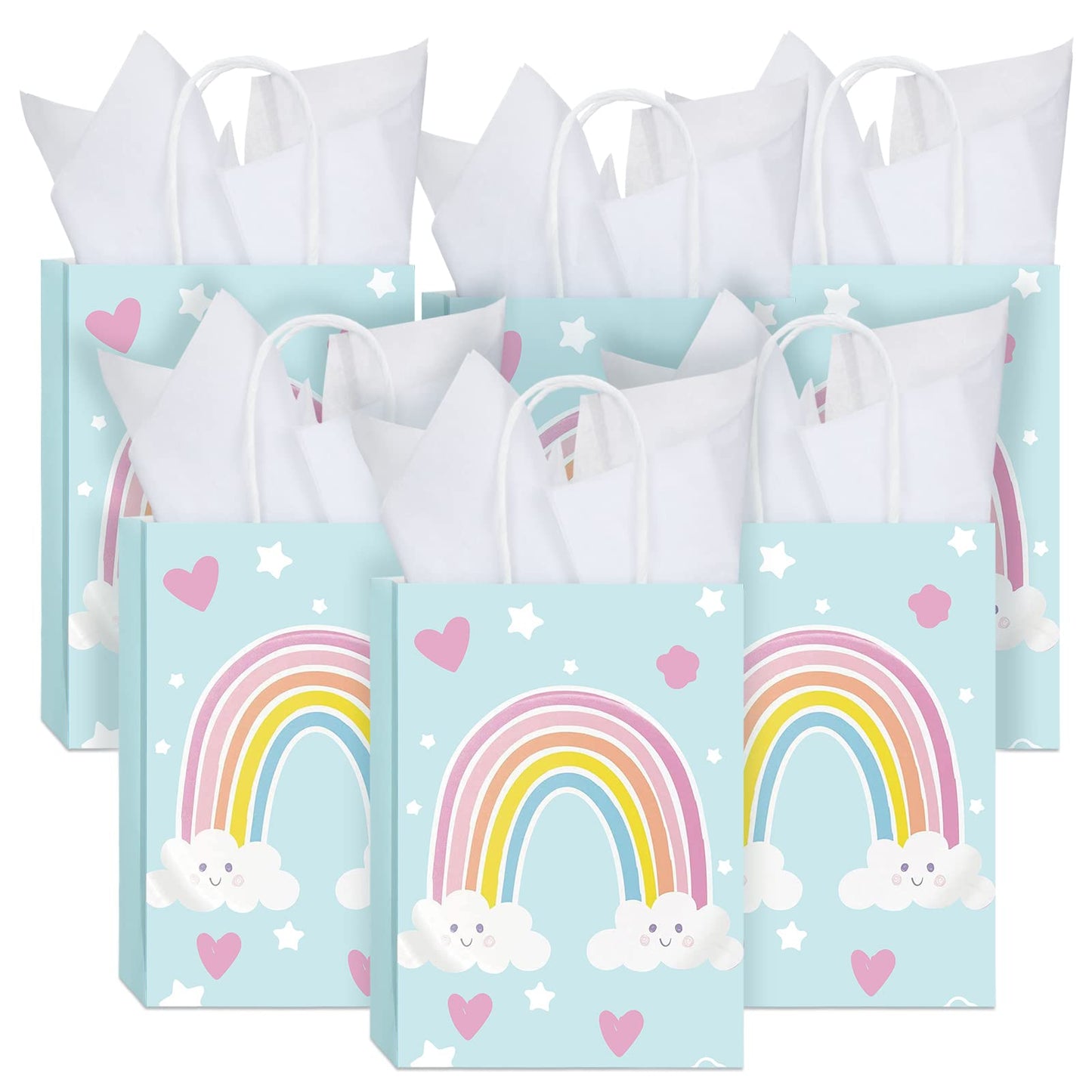 Sinmoe 24 Pcs Rainbow Gift Bags with 24 Pcs White Tissues Paper Rainbow Party Favor Small Bags with Handles for Kids Birthday Baby Shower Weddings Graduation 8.27 x 5.91 x 3.15 Inch