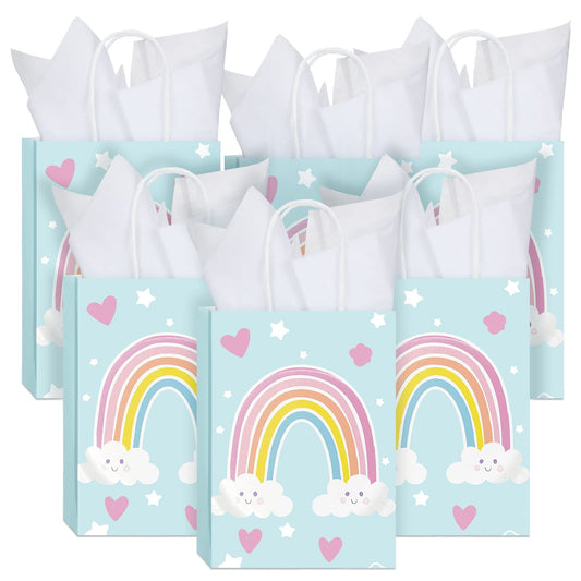 Sinmoe 24 Pcs Rainbow Gift Bags with 24 Pcs White Tissues Paper Rainbow Party Favor Small Bags with Handles for Kids Birthday Baby Shower Weddings Graduation 8.27 x 5.91 x 3.15 Inch