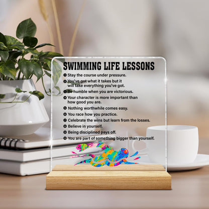 Swimming Gifts for Men Boys Women, Inspirational Gifts for Swimmer Swimming Fans Lover, Acrylic Plaque Sign with Wooden Stand Home Office Decor