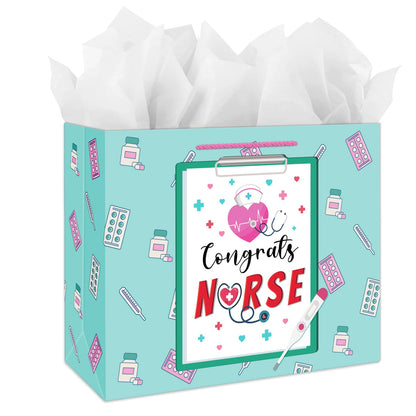 JUESMOS Nurse Graduation Gifts Bag with Tissue Paper 13" Large Congrats Nurse Gift Bag Nurse Week RN Gifts Bag for New Nurses Nursing Graduation Gifts for Medical School Graduates Healthcare Workers