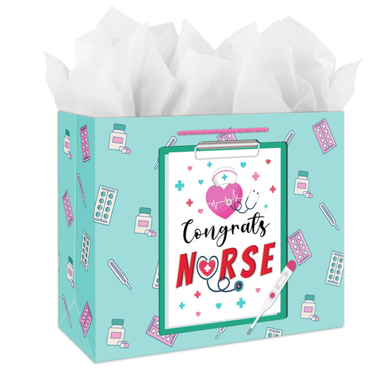 JUESMOS Nurse Graduation Gifts Bag with Tissue Paper 13" Large Congrats Nurse Gift Bag Nurse Week RN Gifts Bag for New Nurses Nursing Graduation Gifts for Medical School Graduates Healthcare Workers