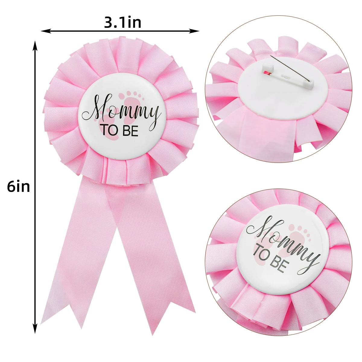2 Pieces Daddy and Mommy To Be Tinplate Badge Pin, Celebration Gender Reveal Party Favor New Dad Mom Gifts Rosette Buttons with Ribbon Baby Shower Decorations (Pink + Blue)