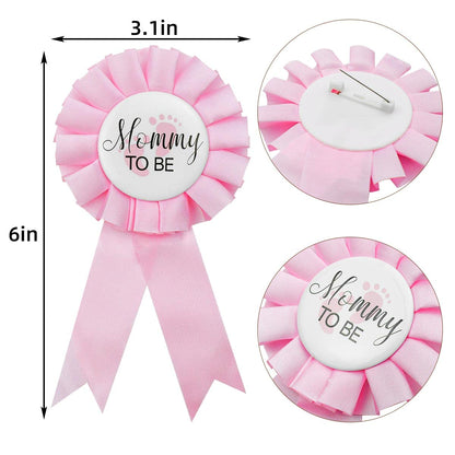 2 Pieces Daddy and Mommy To Be Tinplate Badge Pin, Celebration Gender Reveal Party Favor New Dad Mom Gifts Rosette Buttons with Ribbon Baby Shower Decorations (Pink + Blue)