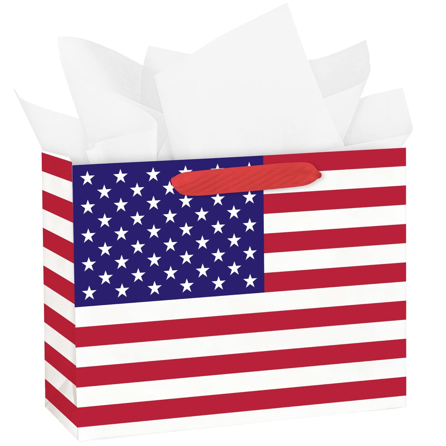 WRAPAHOLIC 13" Large USA Flag Patriotic Gift Bag with Tissue Paper - American Flags 4th of July Gift Bags for Independence Day, Memorial Day and Patriotic Shower