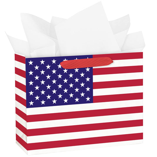 WRAPAHOLIC 13" Large USA Flag Patriotic Gift Bag with Tissue Paper - American Flags 4th of July Gift Bags for Independence Day, Memorial Day and Patriotic Shower