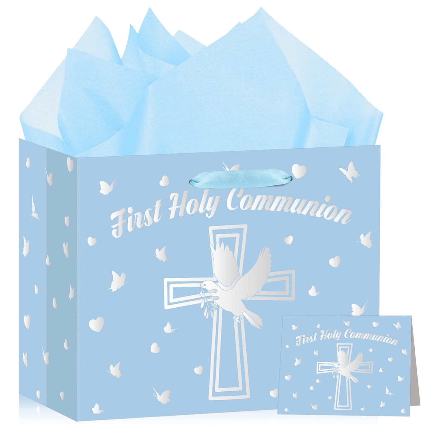 Yomaiha Blue First Holy Communion Gift Bag with Wrapping Paper and Greeting Card, Silver Cross Gift Bag with Pigeon Design Christian Religious Wrapping Paper Bag for Baby Boy Baptism Party Supplies