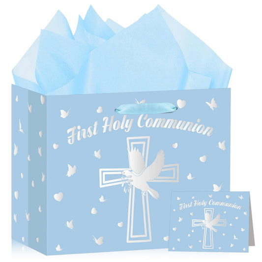Yomaiha Blue First Holy Communion Gift Bag with Wrapping Paper and Greeting Card, Silver Cross Gift Bag with Pigeon Design Christian Religious Wrapping Paper Bag for Baby Boy Baptism Party Supplies