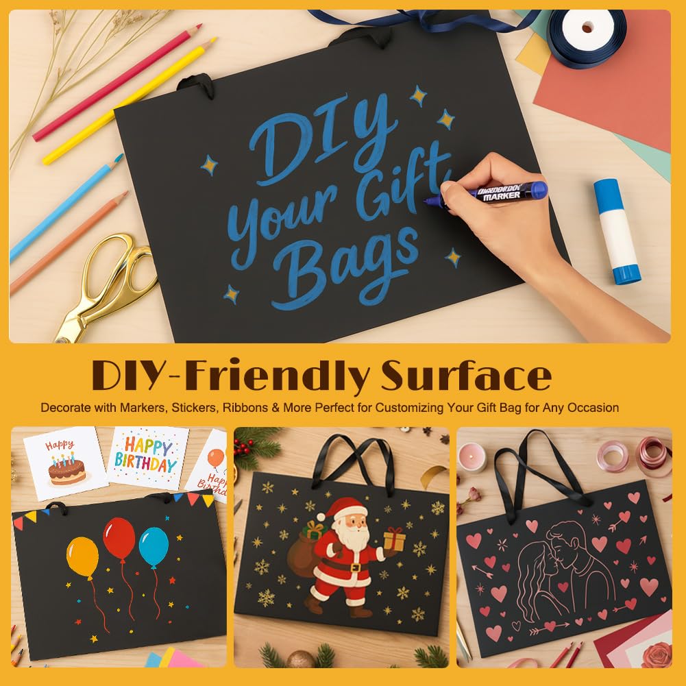 Shintop 3pcs Extra Large Black Gift Bags with Handles, 15.7 x 11.3 x 5.5 in Reusable Big Paper Present Bags with Tissue Paper for Men, Birthday, Business or Holiday Use