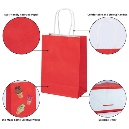 HavrePac 100 Pack 5.9x3.15x8.26 inch Small Gift Bags, Kraft Red Bags with Handles Bulk for Birthday Party Favors,Gift Paper Bags,Retail Shopping Business Goody Craft Gift Bags