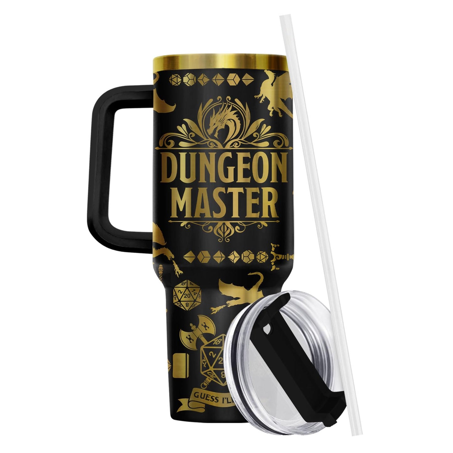 34HD Dungeon Dice Game Tumbler 40oz with Handle and Straw, Master Dragon Laser Engraved Insulated Travel Coffee Cup - Funny Birthday Gifts for Gamers, Friends & BFF