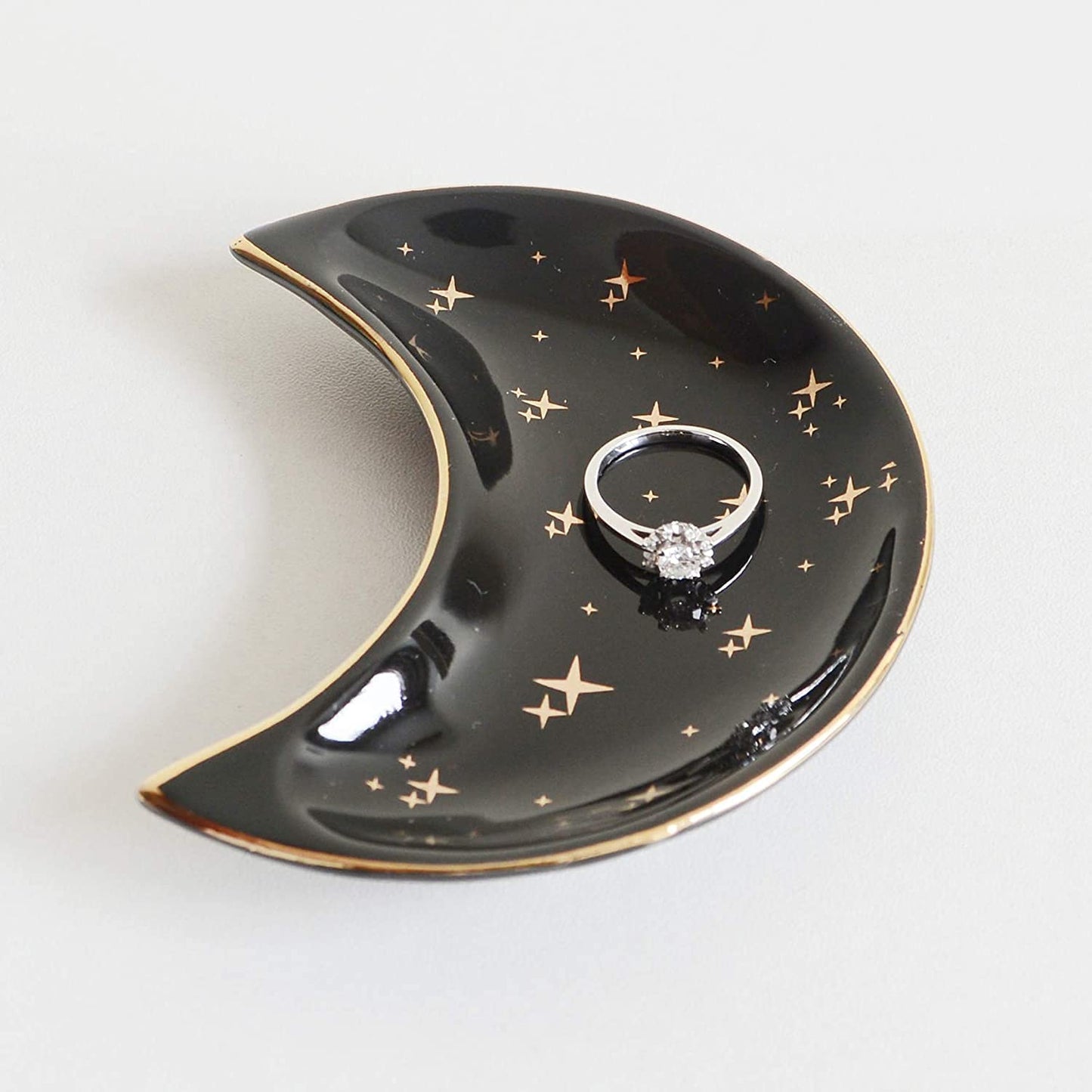 Small Moon Jewelry Dish Tray, Decorative Ceramic Trinket Dish, Modern Accent Tray for Vanity 2pcs（White and Black ）