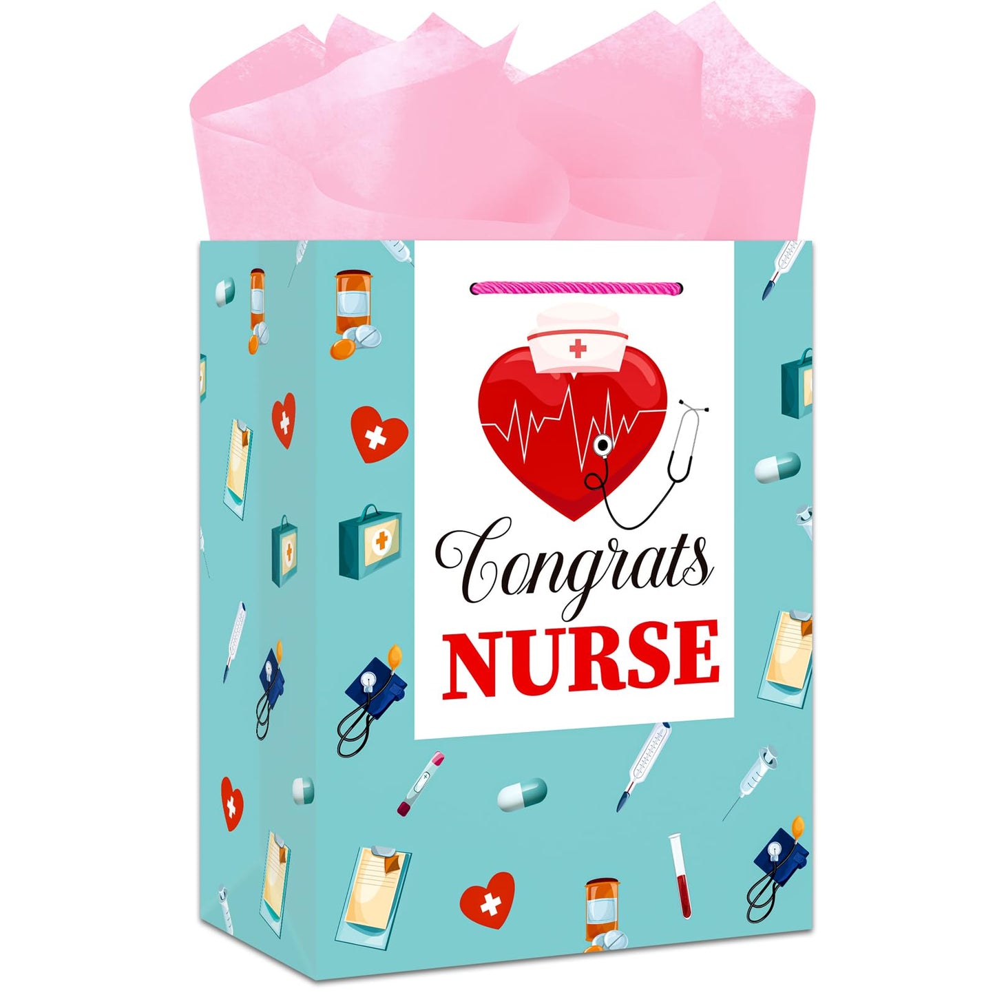 BIZIBAFF Nurse Graduation Gifts Bag - 13" Large Nursing School Gift Bag for Her Women Congrats Nurses Wrap Paper Bag for New Nurse Party Favor Bag with Tissue Paper