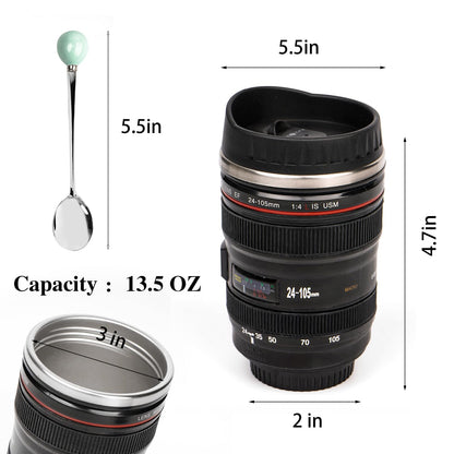Camera Lens Coffee Mug,Travel Coffee Cup,Stainless Steel Lens Mug Thermos Camera Mugs with Lid and Spoon,Cool Gifts for Photographers Men and Women