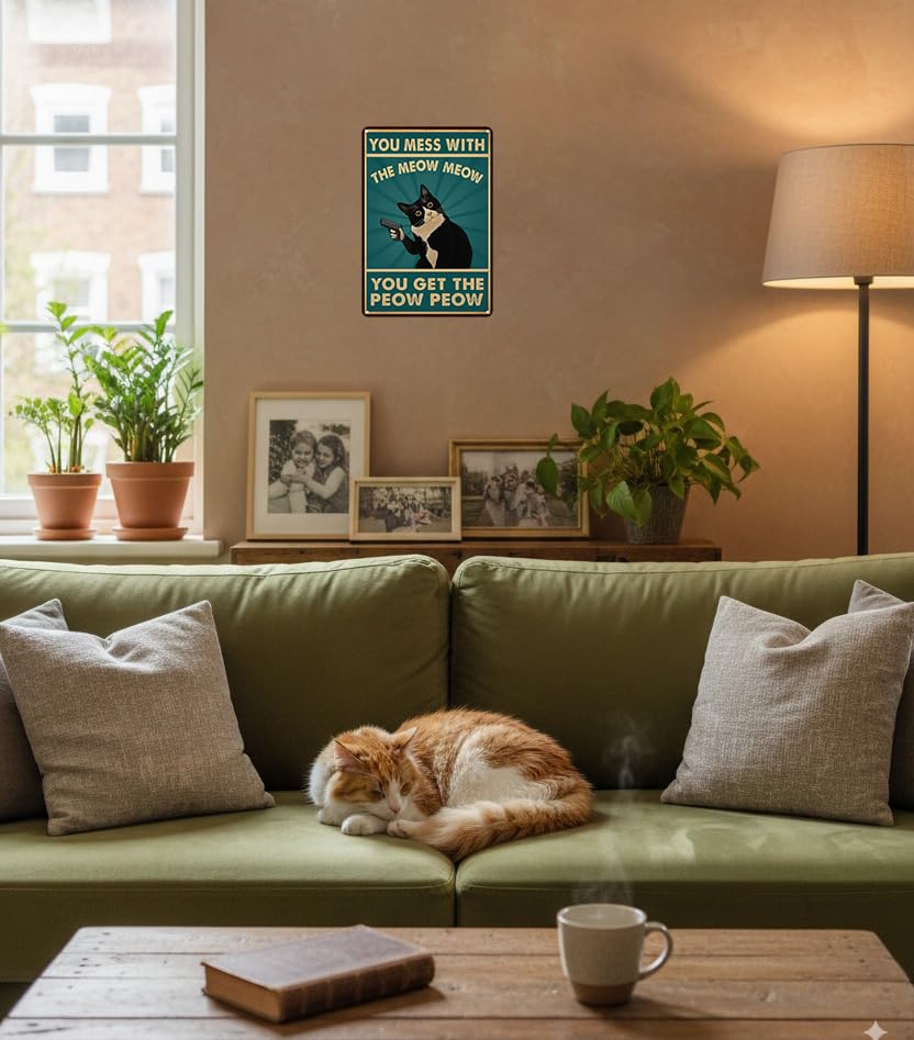 Funnysign Cat Lovers Gifts You Mess With Meow Mow Cat Tin Sign for Home Man Cave Bedroom Living Room Bathroom Decor 8 X 12 Inch (3995)