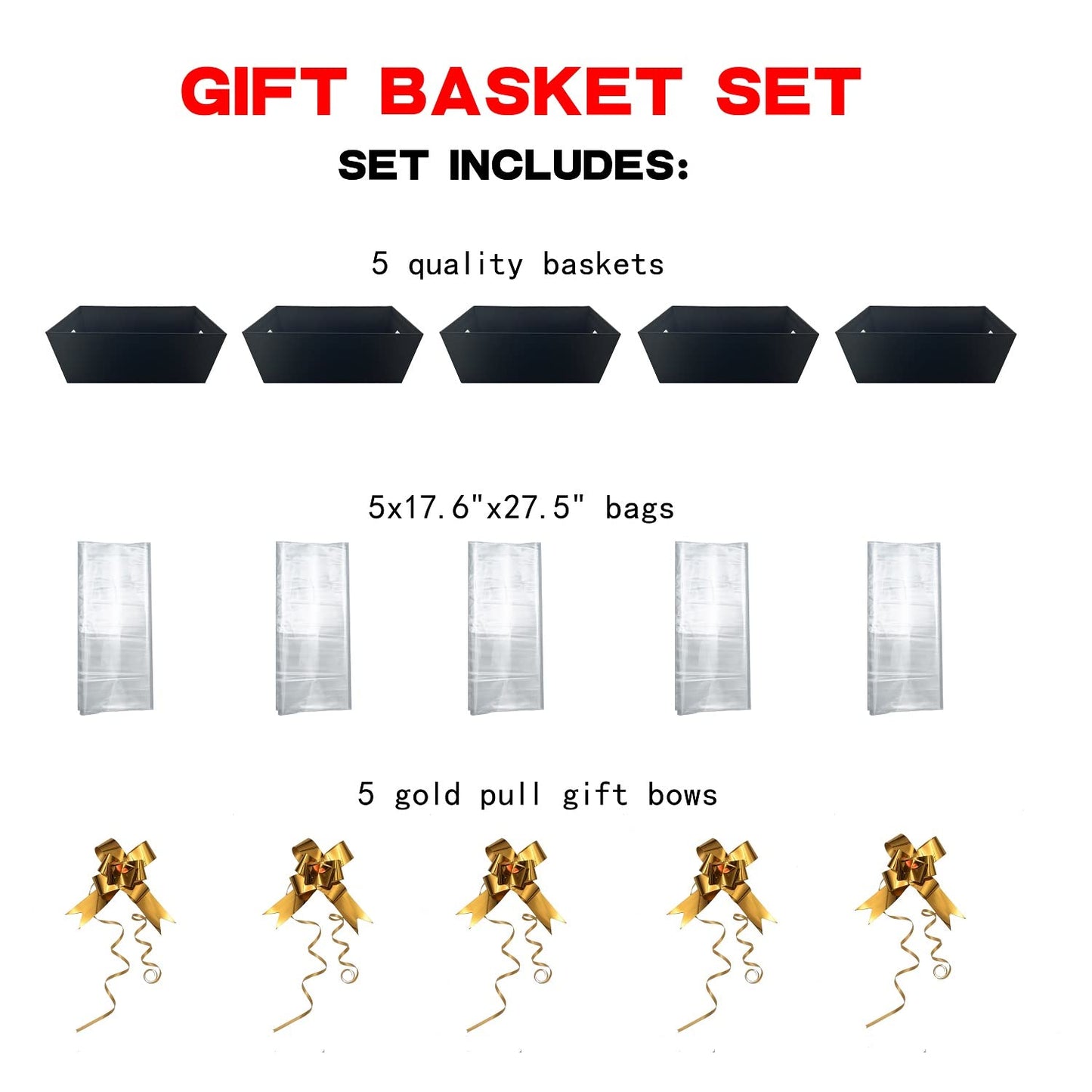 funsky Baskets For Gifts Empty, 5 Pk Black Empty Gift Baskets To Fill, Sturdy Cardboard Tray With Handles, Large Gift Baskets Empty Bulk For Beautiful Gifts, Christmas, Easter, Halloween