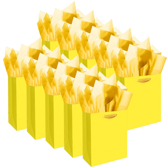 qiqee 10PCS Bright Yellow Mini Gift Bags with Tissue Paper Handles 6.3"x4.7"x2.4" Small Size Present Party Favor Bags（ Tissue Paper ）