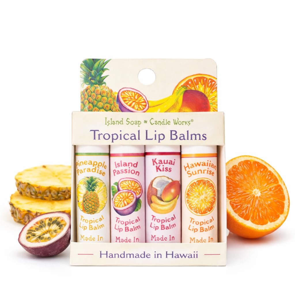 Island Soap & Candle Works Tropical Lip Balm Stick Sample Pack – 4 Pack Assorted Flavors – Moisturizing Lip Balm Sticks – Smooth, Nourishing Formula – Handmade in Hawaii