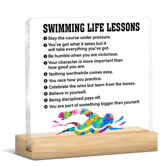 Swimming Gifts for Men Boys Women, Inspirational Gifts for Swimmer Swimming Fans Lover, Acrylic Plaque Sign with Wooden Stand Home Office Decor